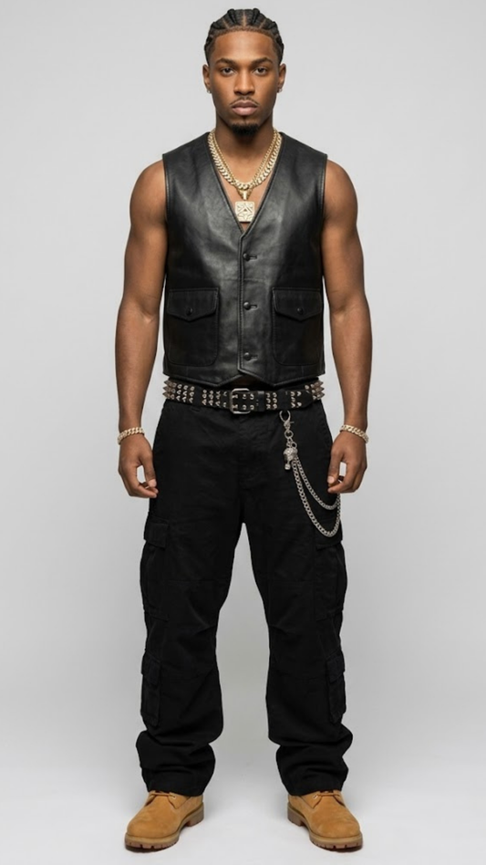 button up black leather vest highlighting a clean row of front buttons and a structured v-neck waistcoat profile.