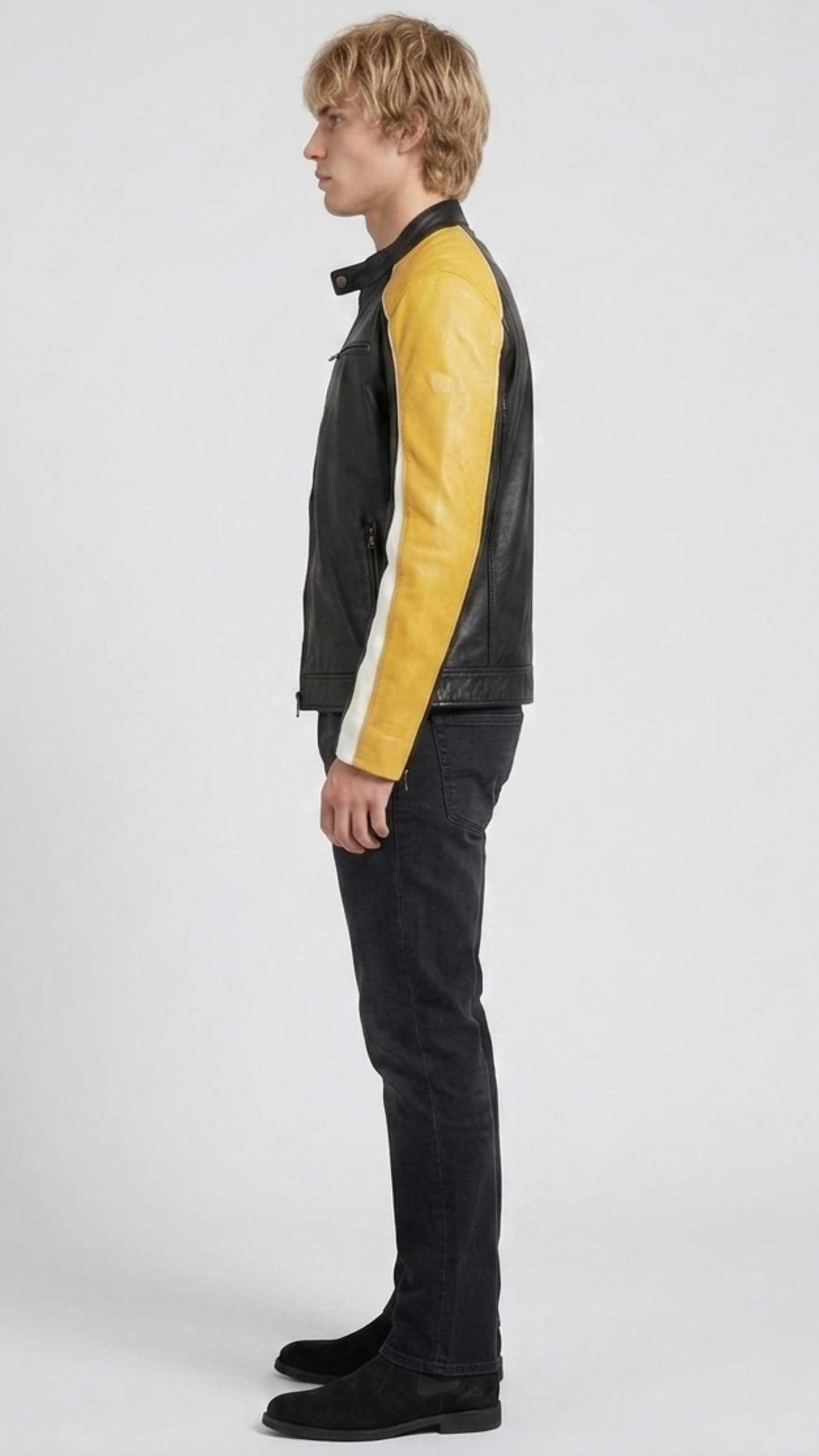 Regular fit men's tricolor leather motorcycle outerwear showing clean zippered cuffs and a streamlined athletic profile.