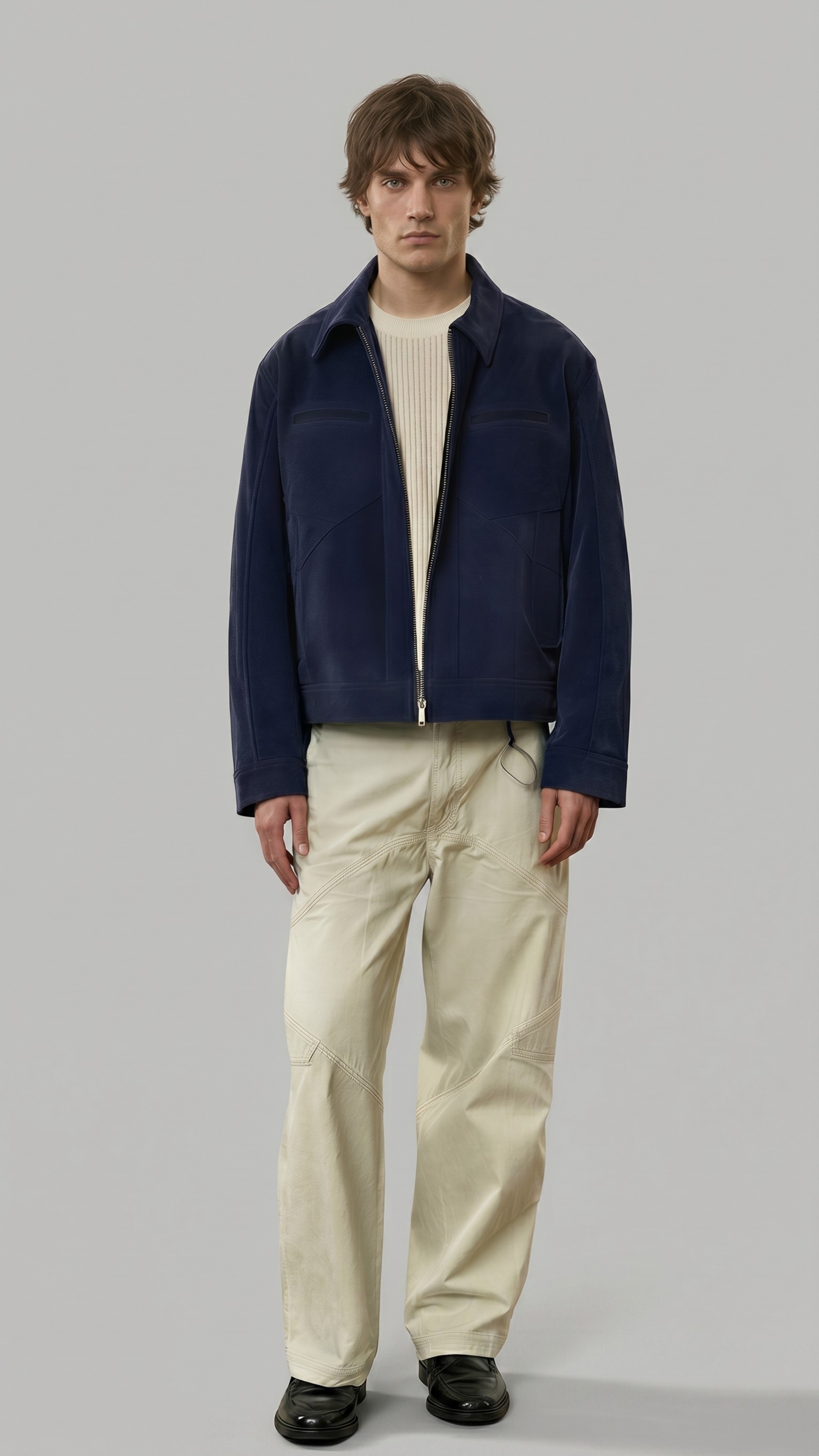 Jackero premium dark navy blue suede bomber jacket featuring structured silver zippers and neat ribbed hem details.