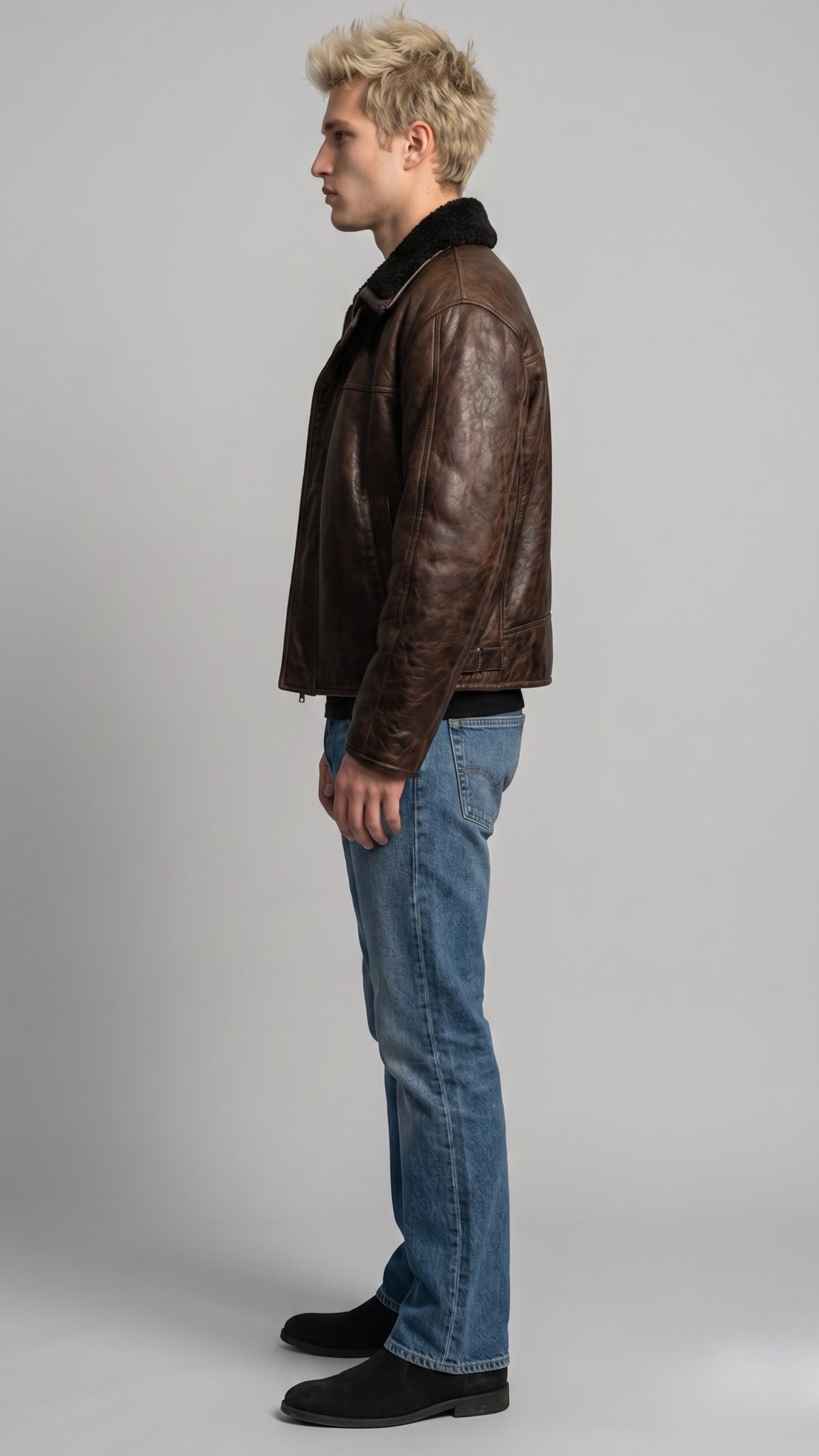 Side-profile view of a structured dark brown leather aviator coat showcasing the clean silhouette and prominent black shearling.