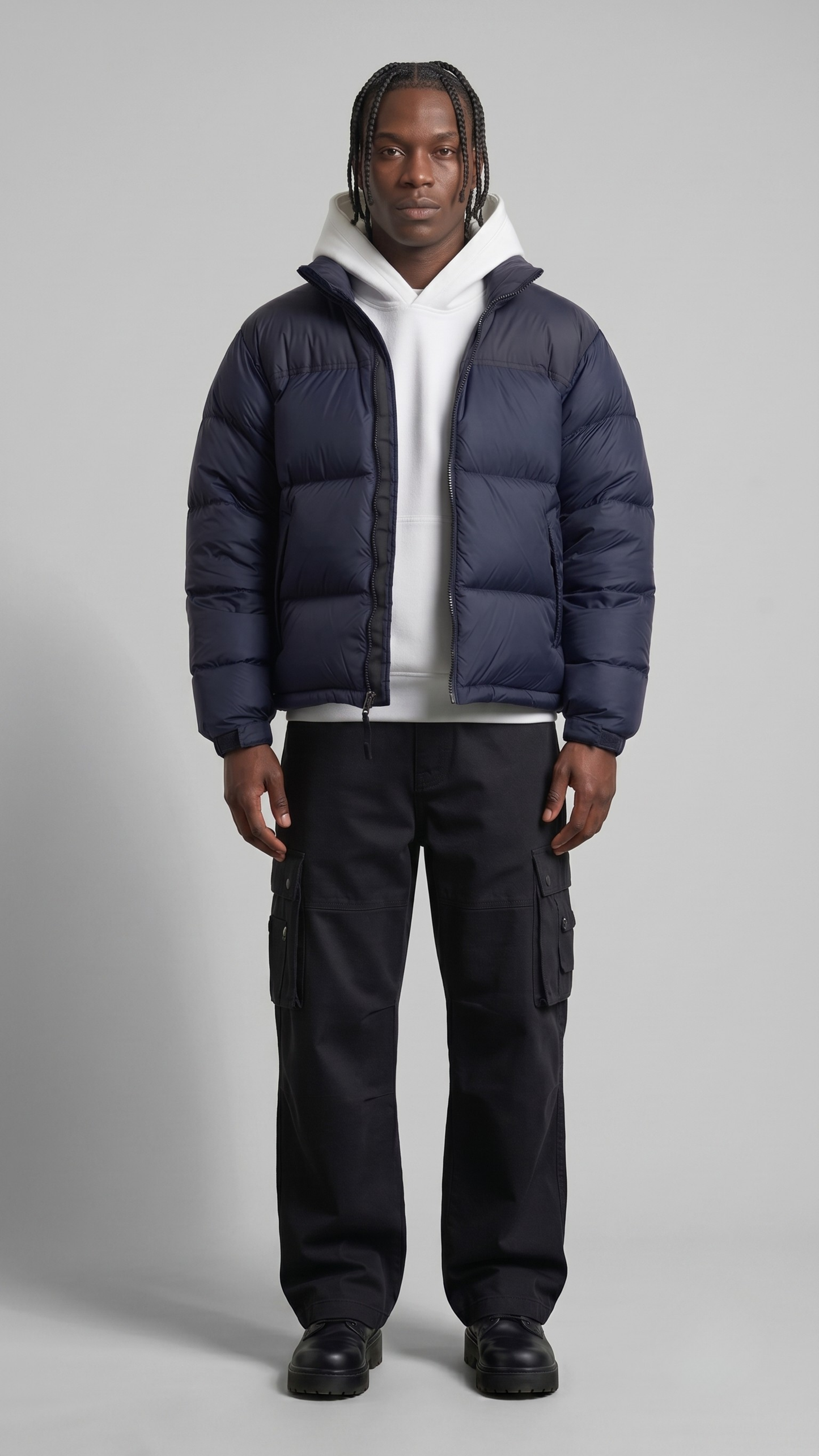 sleek dark navy blue puffer jacket with horizontal quilting design.