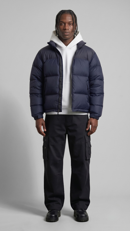 sleek dark navy blue puffer jacket with horizontal quilting design.