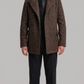men's dark brown long wool pea coat with double-breasted buttons.