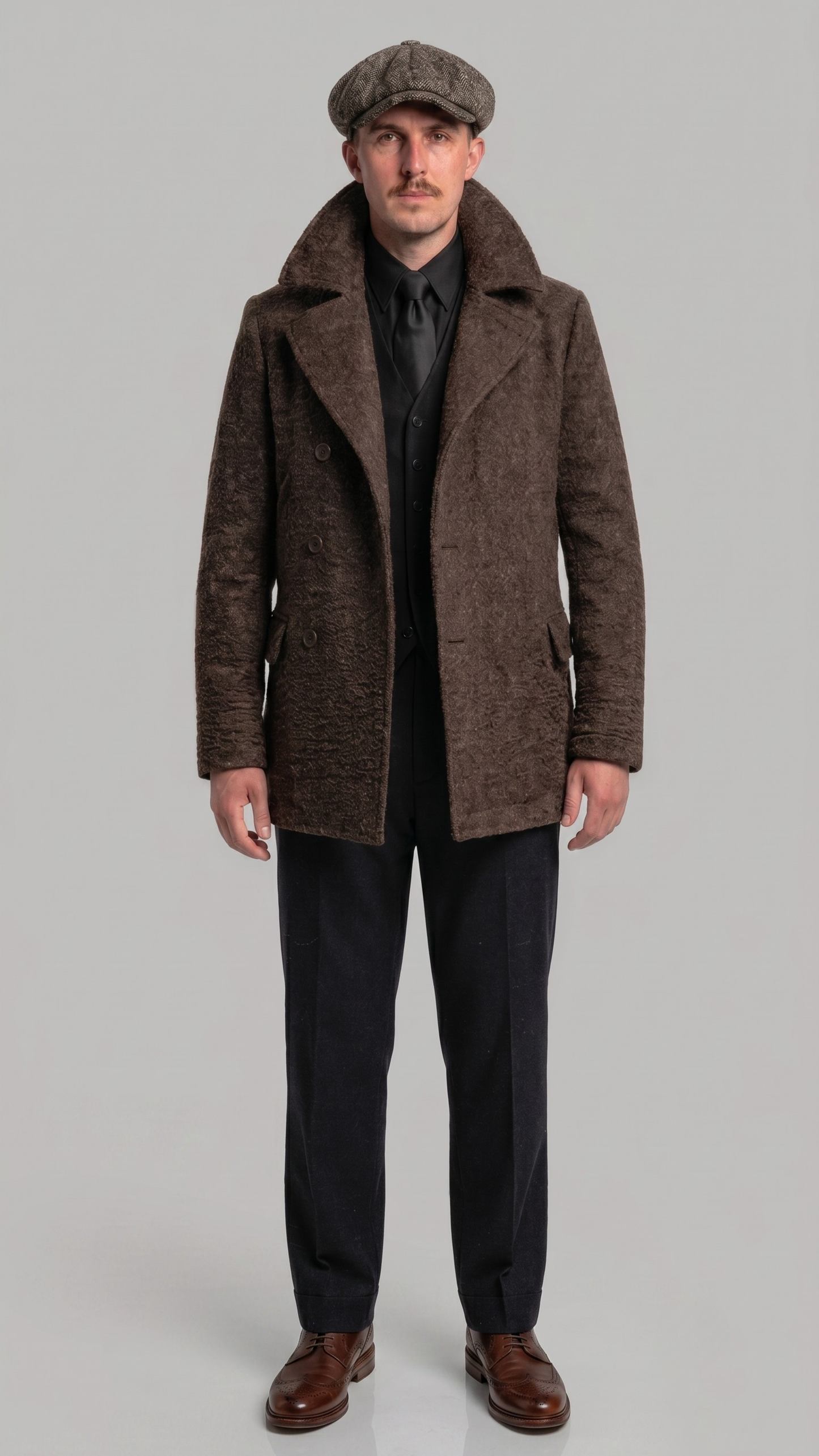 men's dark brown long wool pea coat with double-breasted buttons.