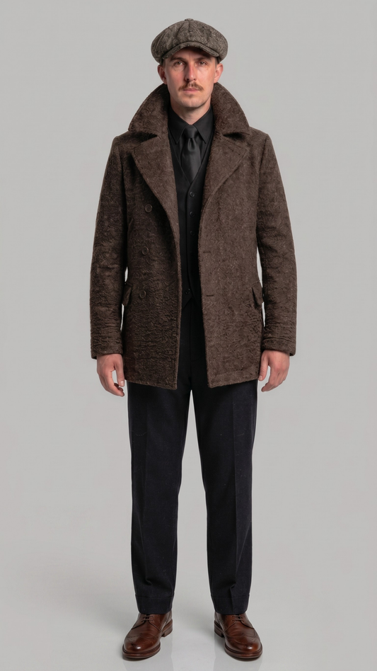 men's dark brown long wool pea coat with double-breasted buttons.