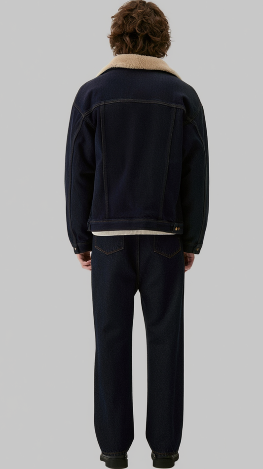 A model shown from the back wearing a dark navy denim jacket with a beige shearling-style collar, paired with dark navy jeans, against a solid gray background.