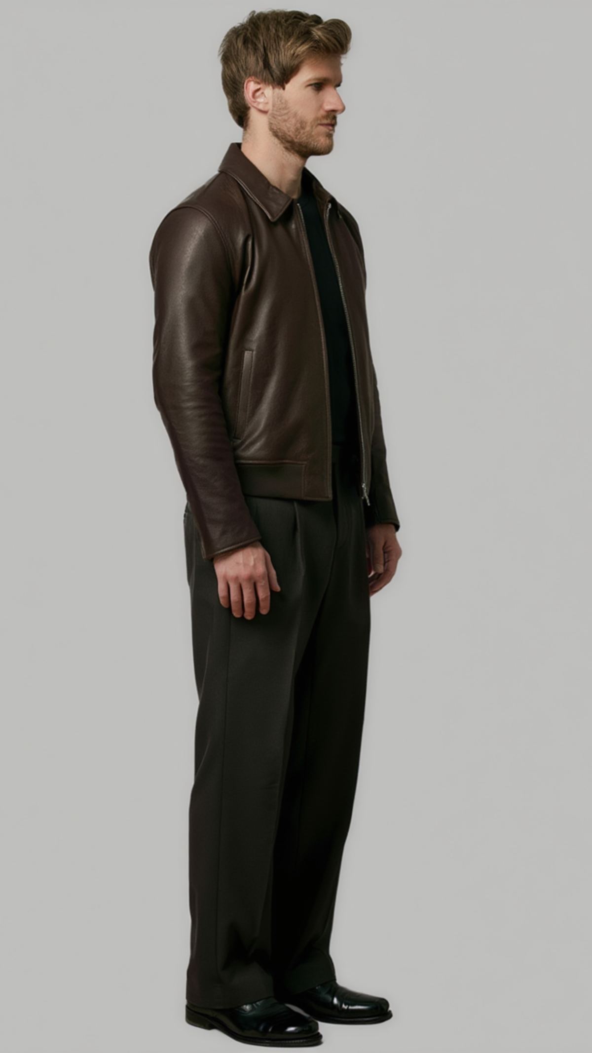 A timeless dark brown smooth leather jacket for minimalist luxury menswear styling and versatile winter outerwear looks.