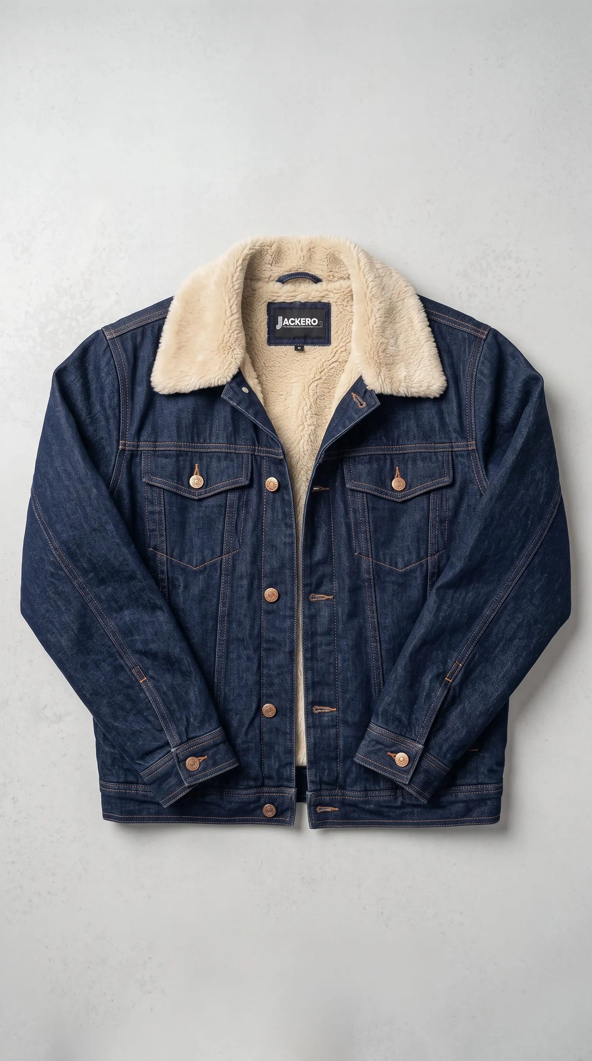 A dark blue denim jacket with a thick cream-colored shearling lining on the collar and interior, featuring copper-toned buttons and a Jackero brand label on the inner neck.