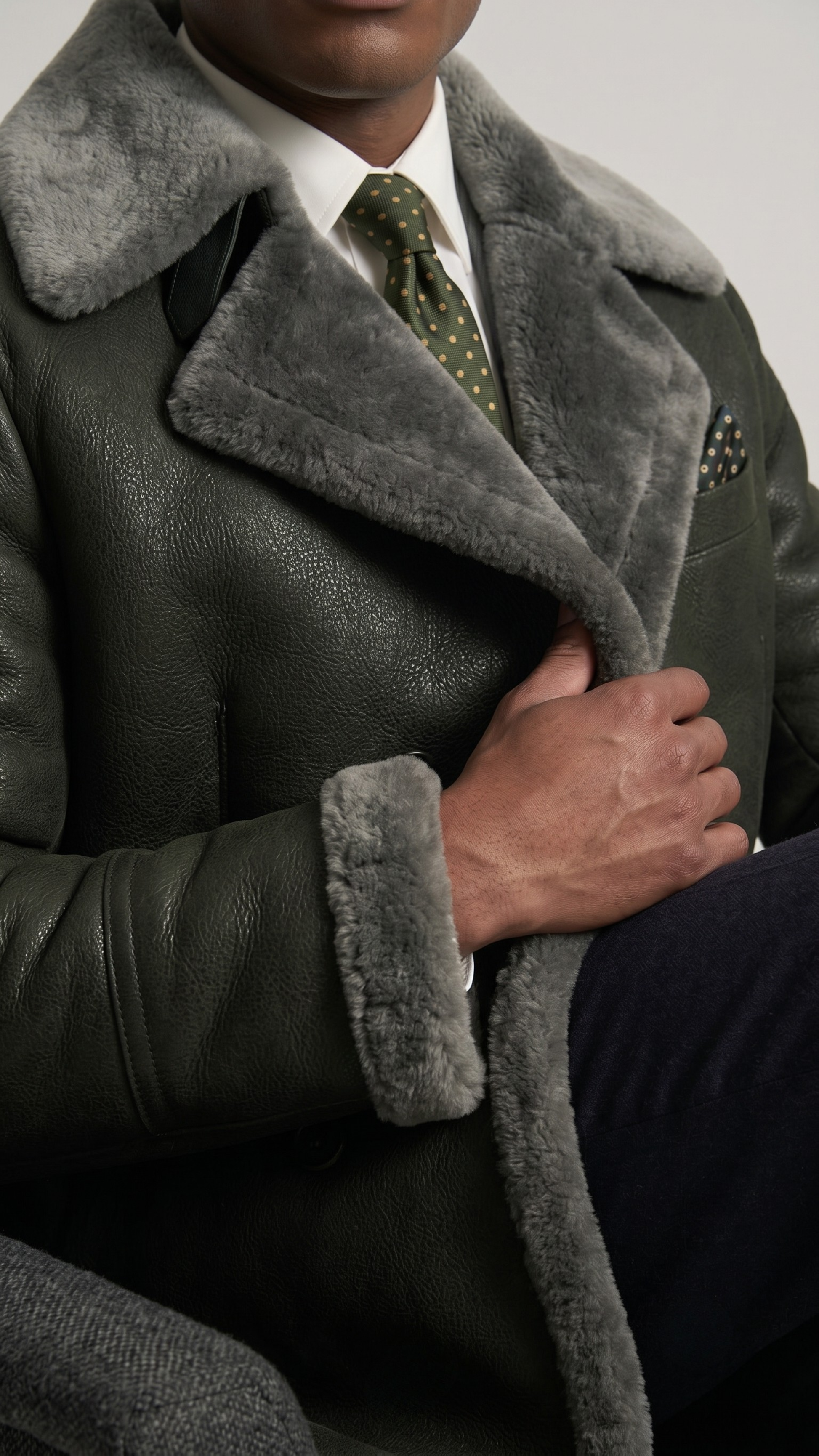 Man wearing a dark grey coat with fur, white shirt, and patterned tie.