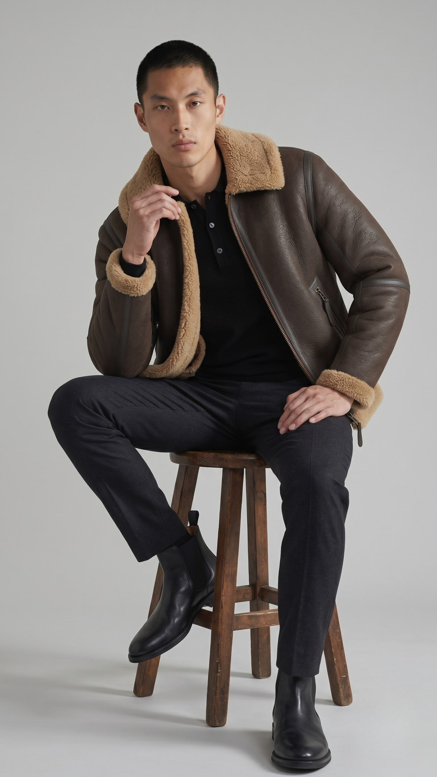 Full-body studio photography of a model showcasing a dark brown leather aviator coat with tan trim.