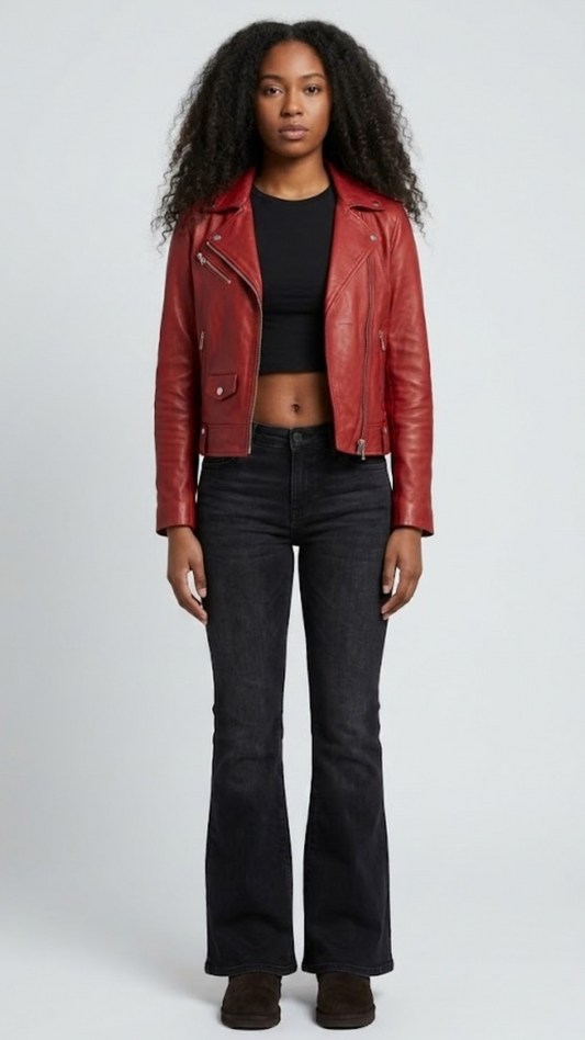 A professional studio front shot of the Jackero red leather biker jacket, featuring an iconic asymmetric zipper design and wide lapels.