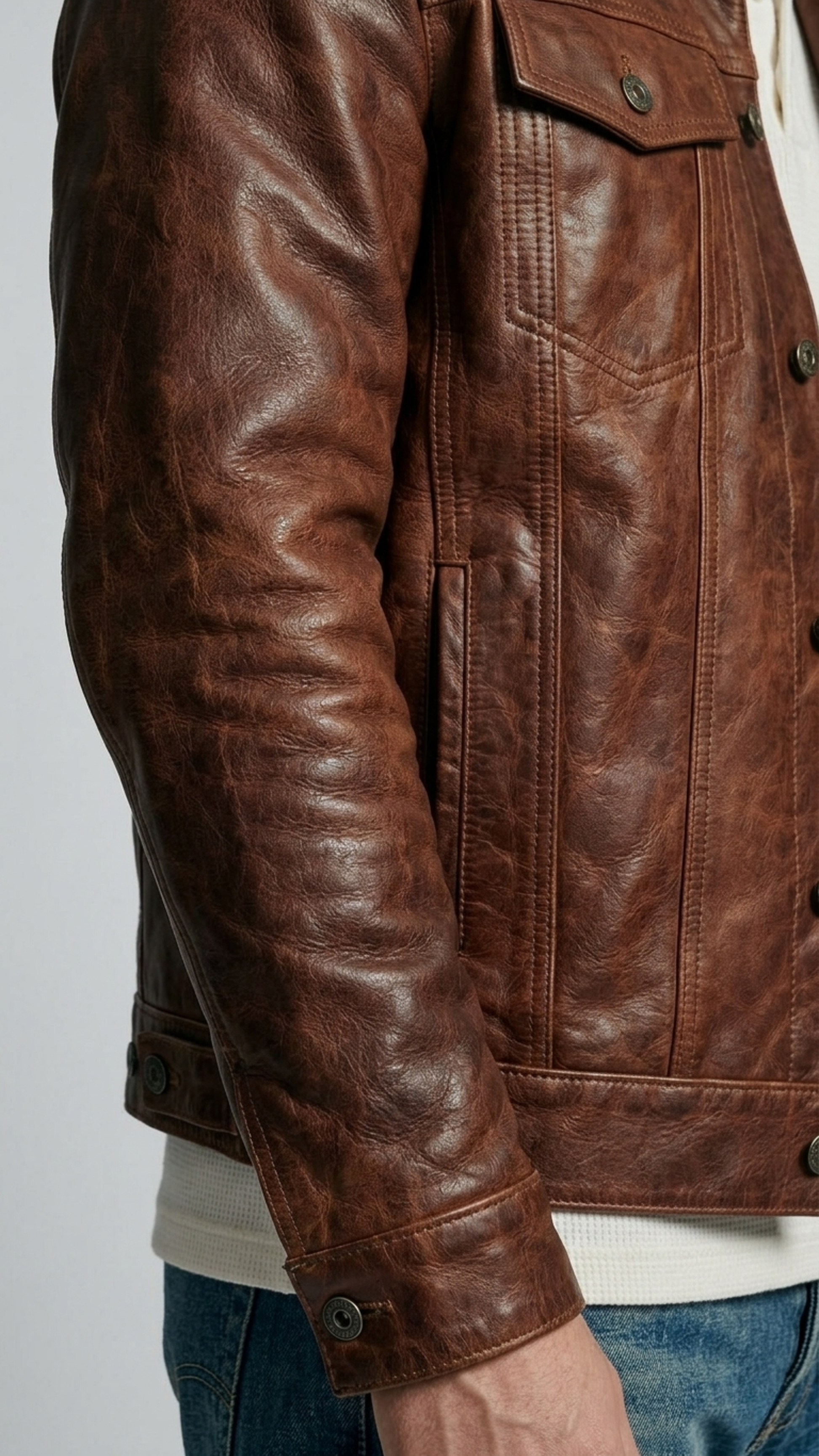 Macro detailed close-up capturing the unique vintage weathered texture and aged patina marks on the dark tan genuine leather fabric.
