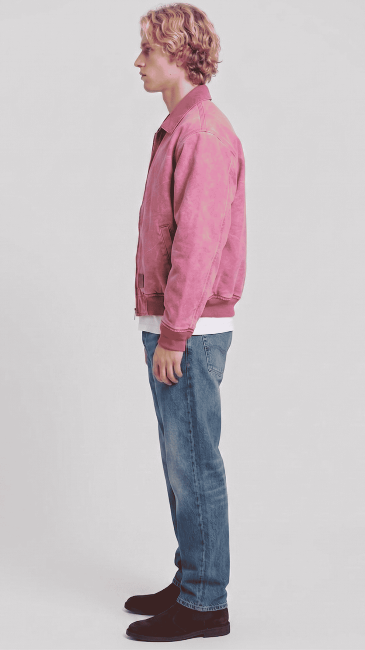 Regular fit blush pink suede jacket displaying the matching elastic waistband and ribbed cuffs for a secure, comfortable fit.
