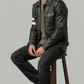 Contemporary men's outerwear fashion featuring a versatile black leather cafe racer coat, perfect for everyday urban lifestyle wear.