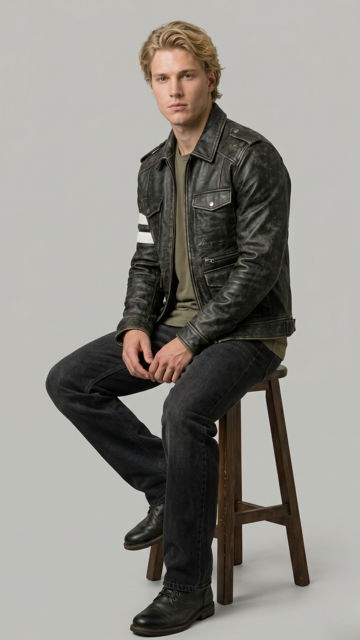 Contemporary men's outerwear fashion featuring a versatile black leather cafe racer coat, perfect for everyday urban lifestyle wear.