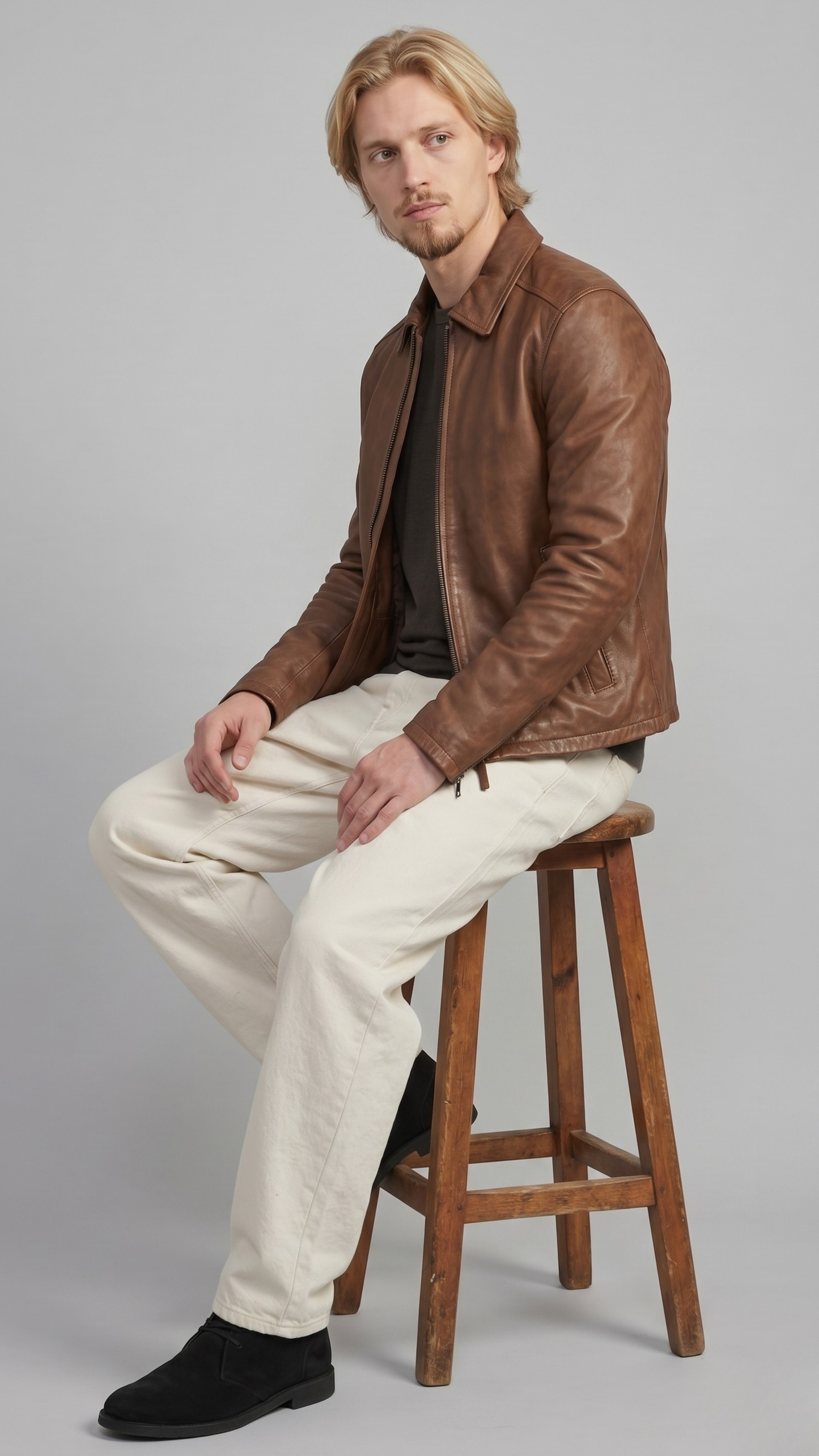 Rugged outdoor and urban street fashion statement featuring a classic chestnut brown leather jacket, ideal for layering in autumn and winter.