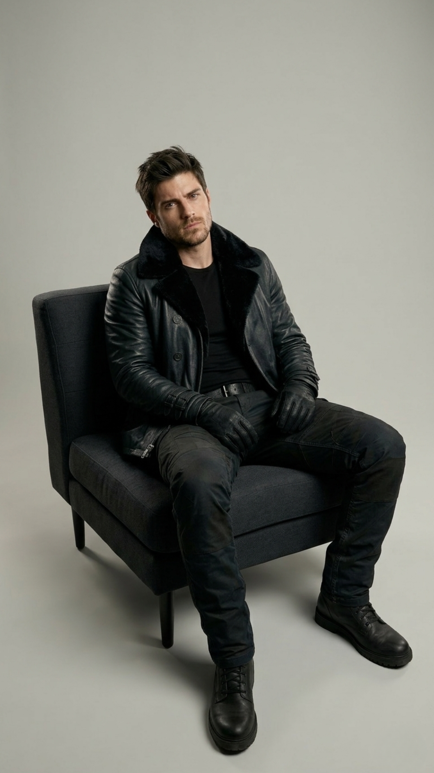 Man wearing a black leather jacket sitting on a black chair against a gray background