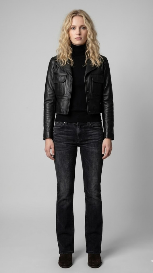 Classic premium black leather jacket by Jackero with a clean, structured silhouette and front zip closure.