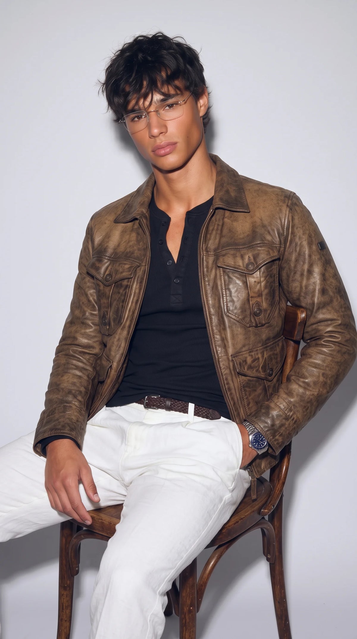 Cognac-brown distressed leather field jacket designed with a sturdy full-length metal zipper concealed beneath a buttoned storm flap, giving its rugged vintage finish a clean, structured front and a distinctive military-inspired outerwear character.