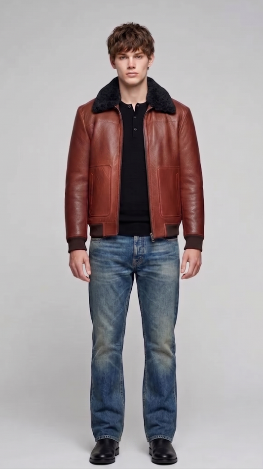 a model wearing Jackero cognac leather aviator jacket featuring an oversized jet-black shearling collar