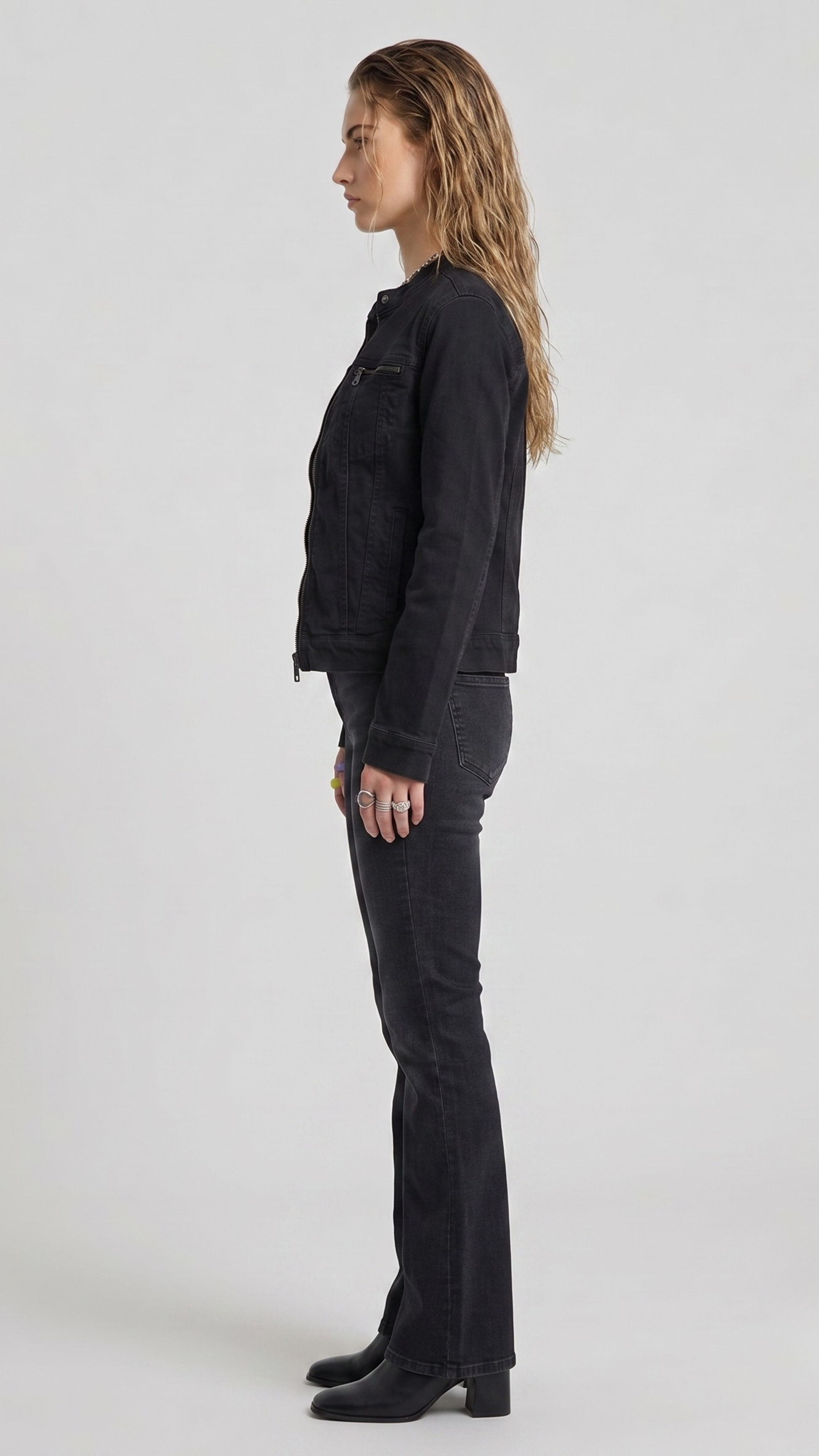 Jackero minimalist black denim jacket on a grey background