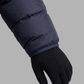 Close-up of the high-quality zipper and fabric texture on a navy blue winter puffer jacket.