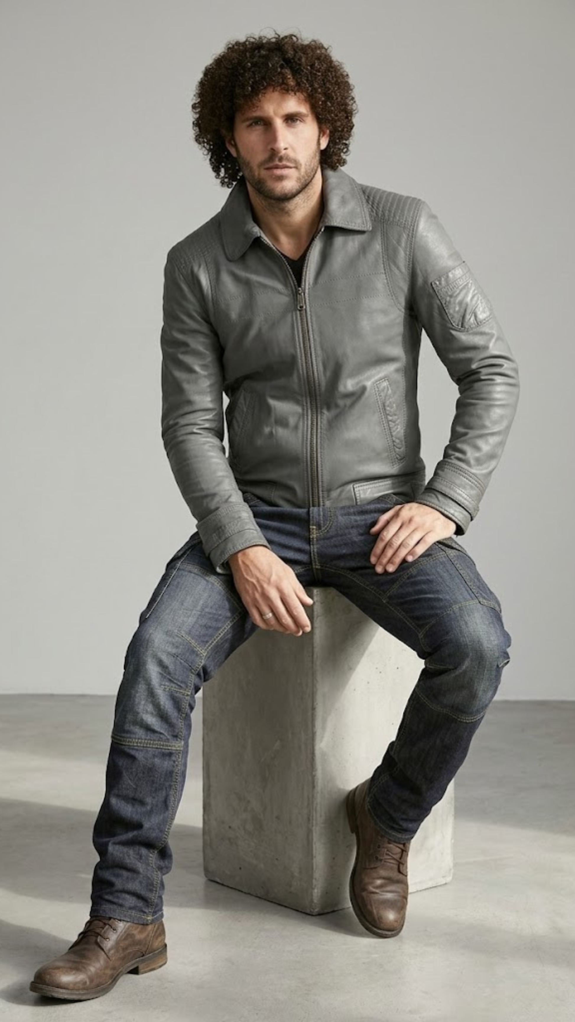 Man wearing a gray leather jacket and jeans sitting on a concrete block against a plain background