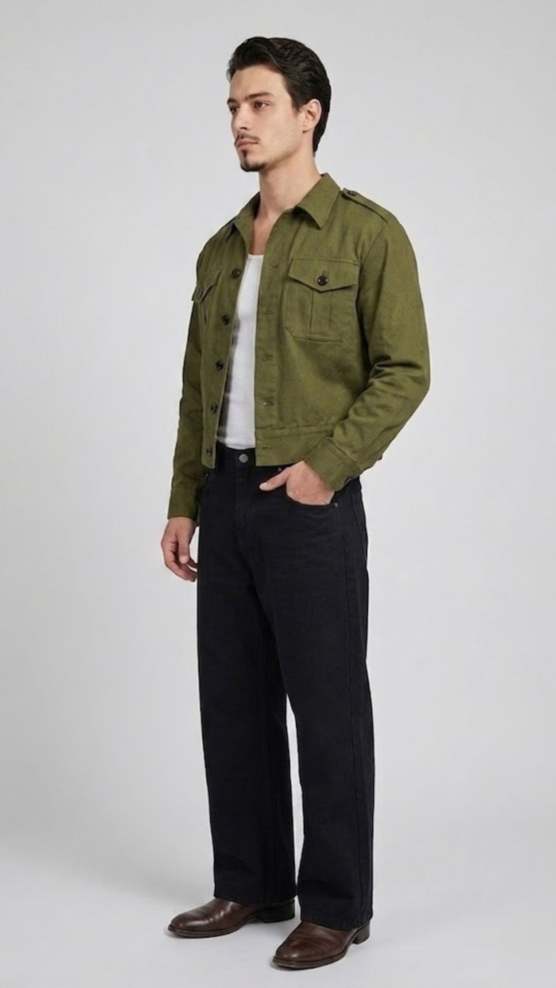 minimalist army green cotton jacket with simple cuffs and side pocket details