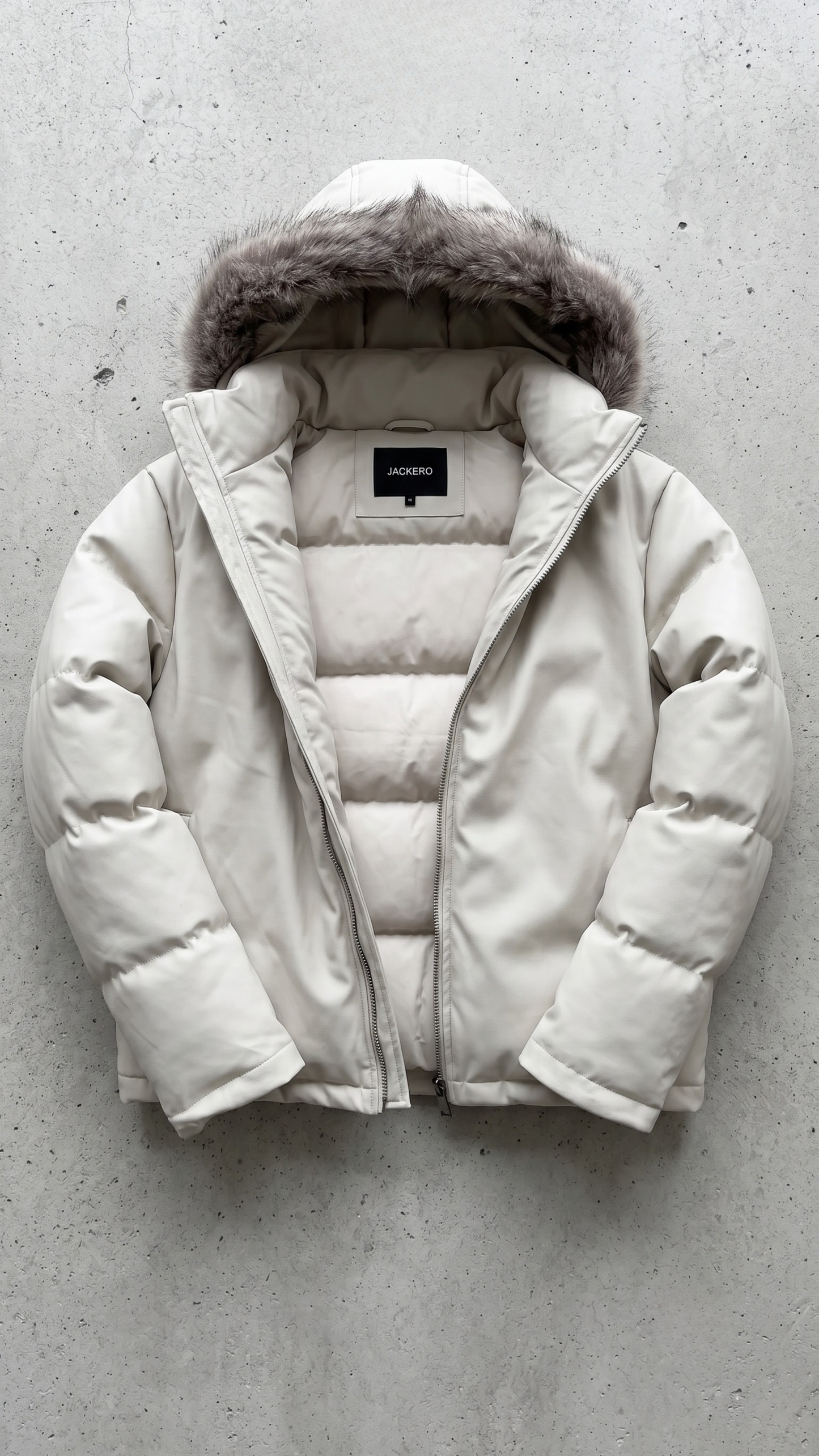 White puffer jacket with fur hood on a gray concrete surface
