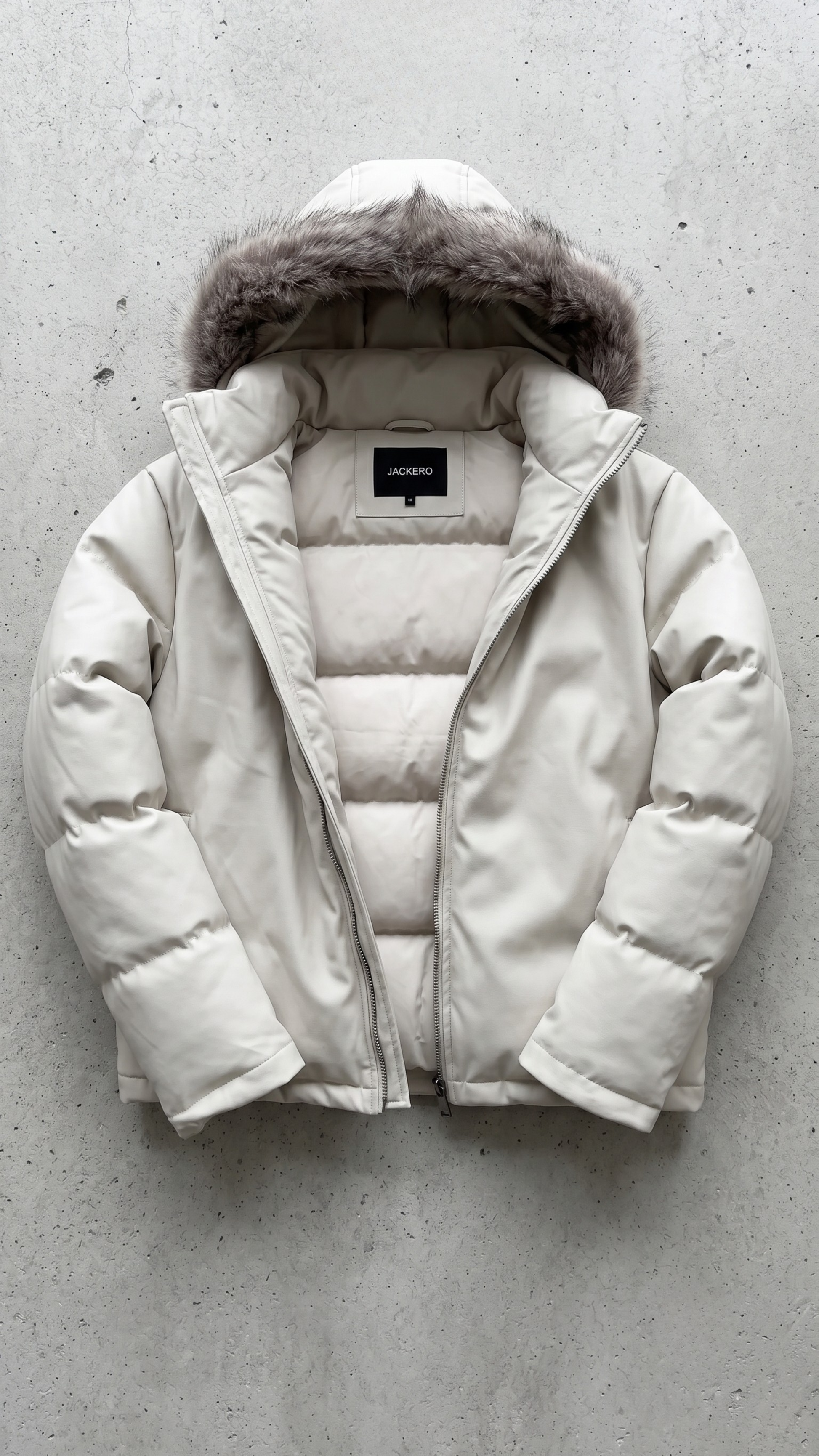 White puffer jacket with fur hood on a gray concrete surface