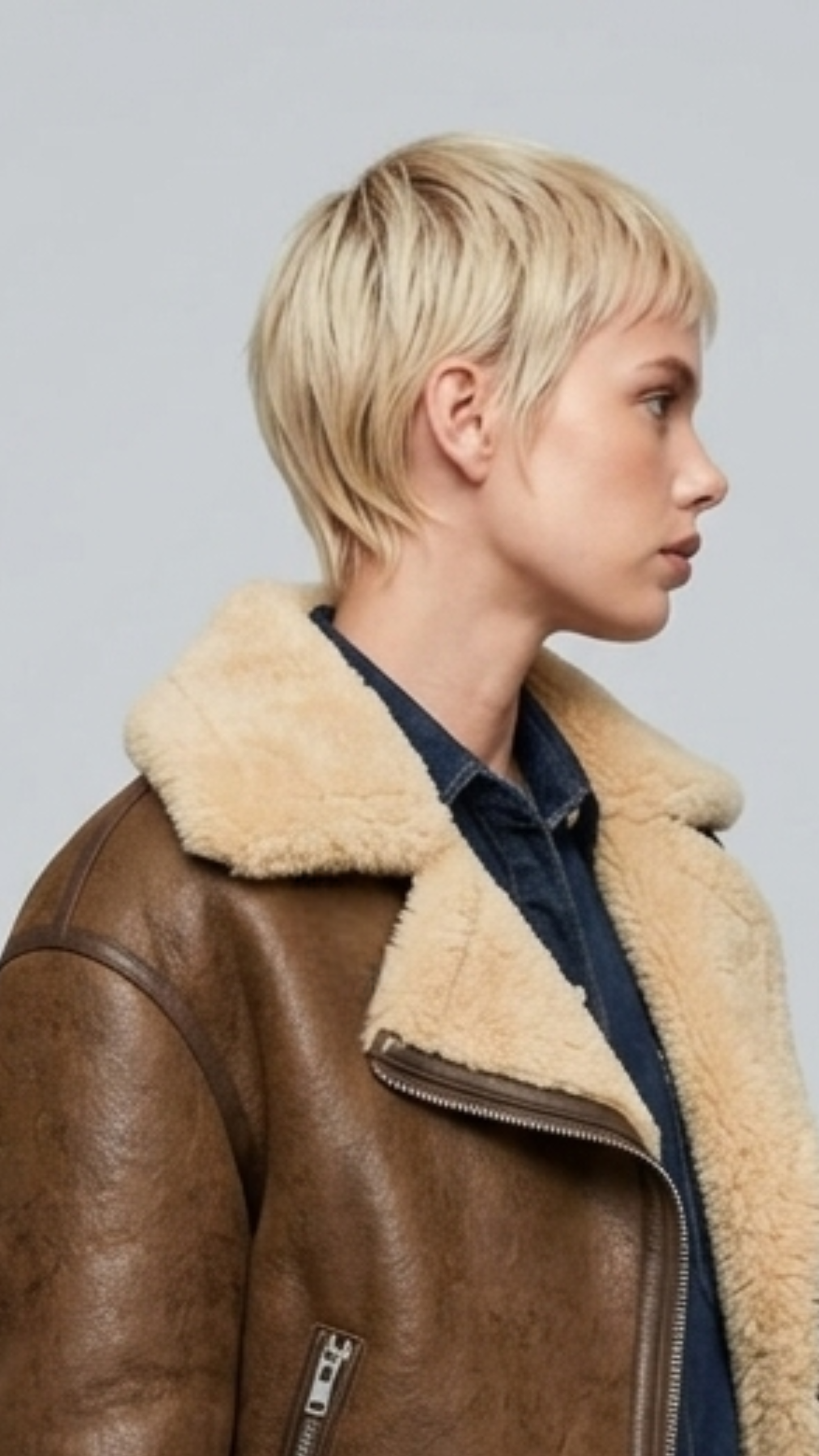 Close-up shot of handcrafted genuine brown leather material and soft cream shearling cuffs on a luxury winter coat.