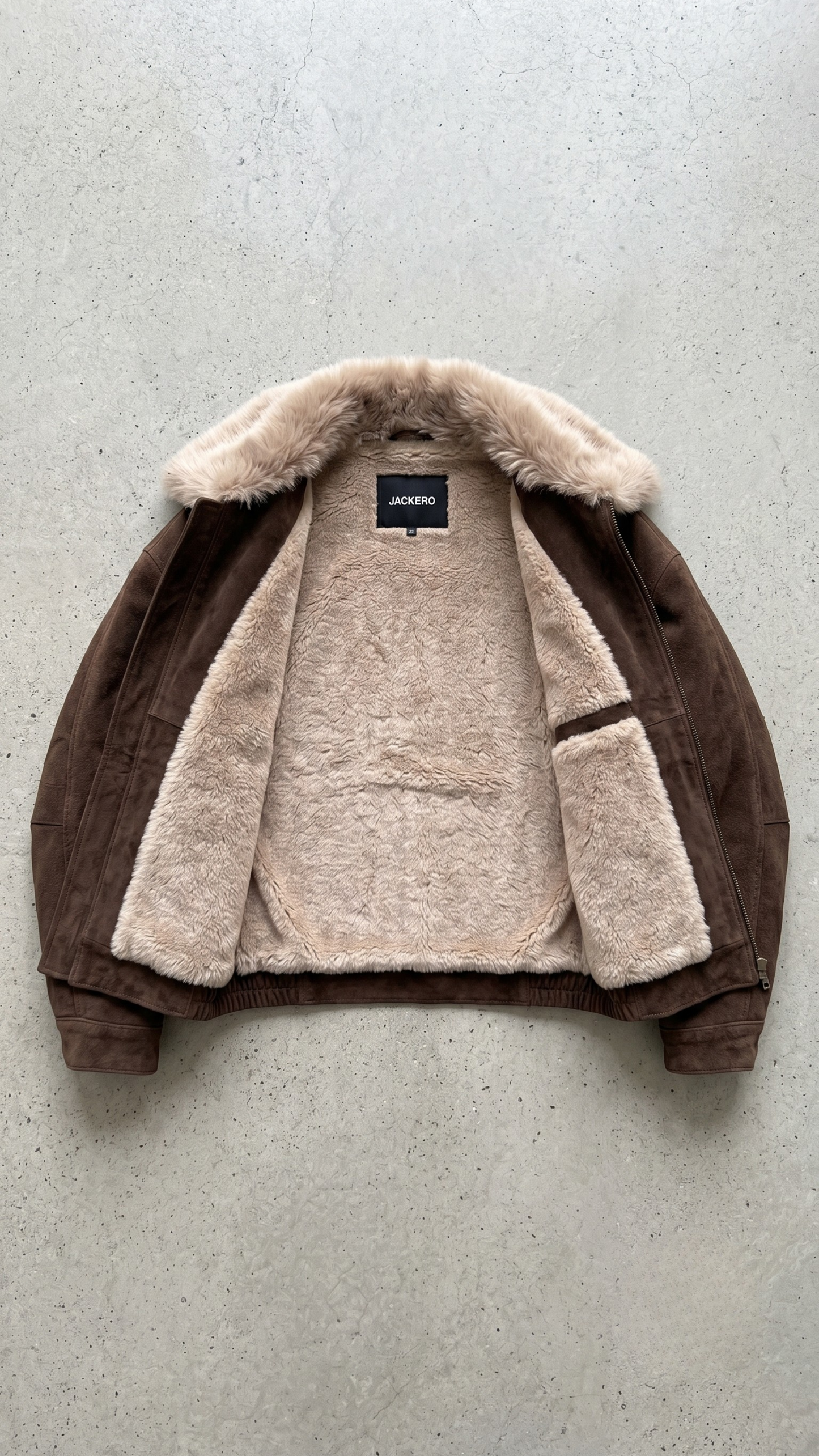 High-grade dark brown leather material close-up on an outerwear coat with soft plush wool lining visible along the neck lapels.