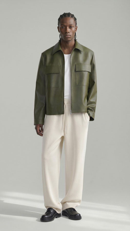 Man wearing a green leather jacket and beige pants on a white background