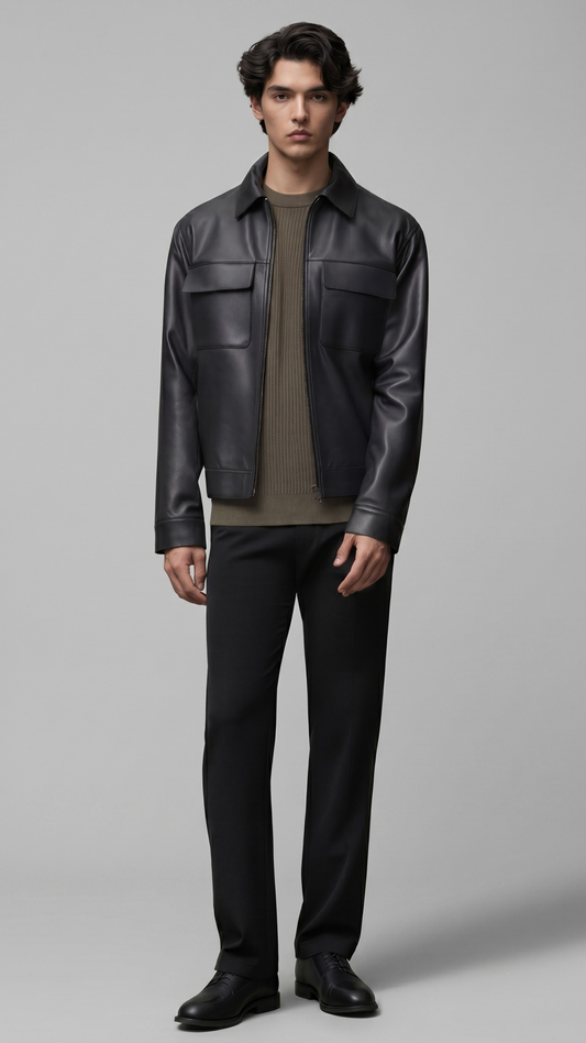 men's dark black leather bomber jacket with a clean zip closure and structured collar.