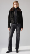 Front full view of premium dark black suede jacket showcasing a thick, rich dark chocolate faux shearling collar and heavy-duty front zipper.