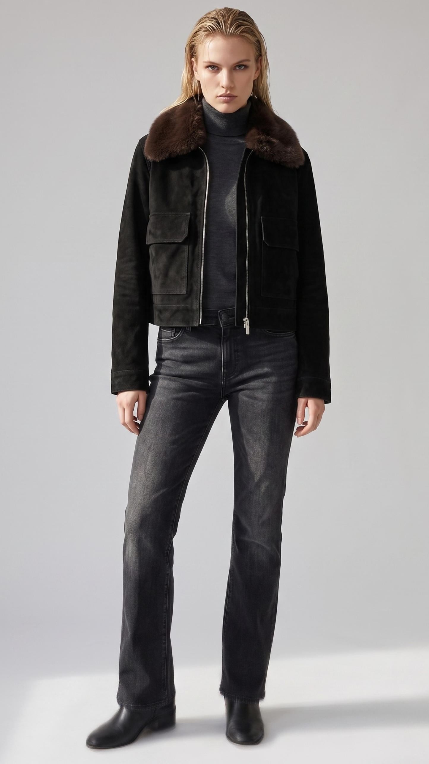 Front full view of premium dark black suede jacket showcasing a thick, rich dark chocolate faux shearling collar and heavy-duty front zipper.
