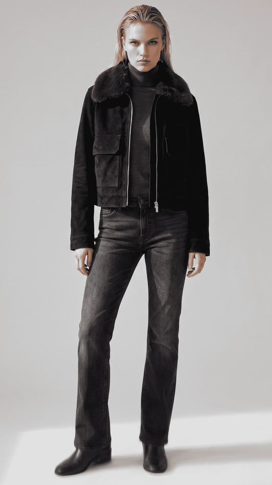 Front full view of premium dark black suede jacket showcasing a thick, rich dark chocolate faux shearling collar and heavy-duty front zipper.