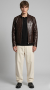 a premium jackero dark brown crocodile textured leather jacket showing the detailed croc-embossed pattern and high-quality stitching.