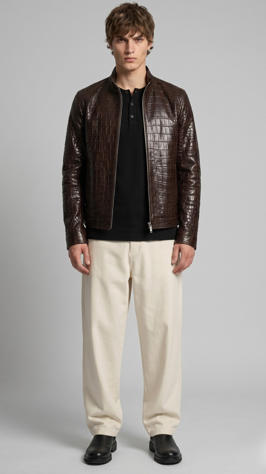 a premium jackero dark brown crocodile textured leather jacket showing the detailed croc-embossed pattern and high-quality stitching.