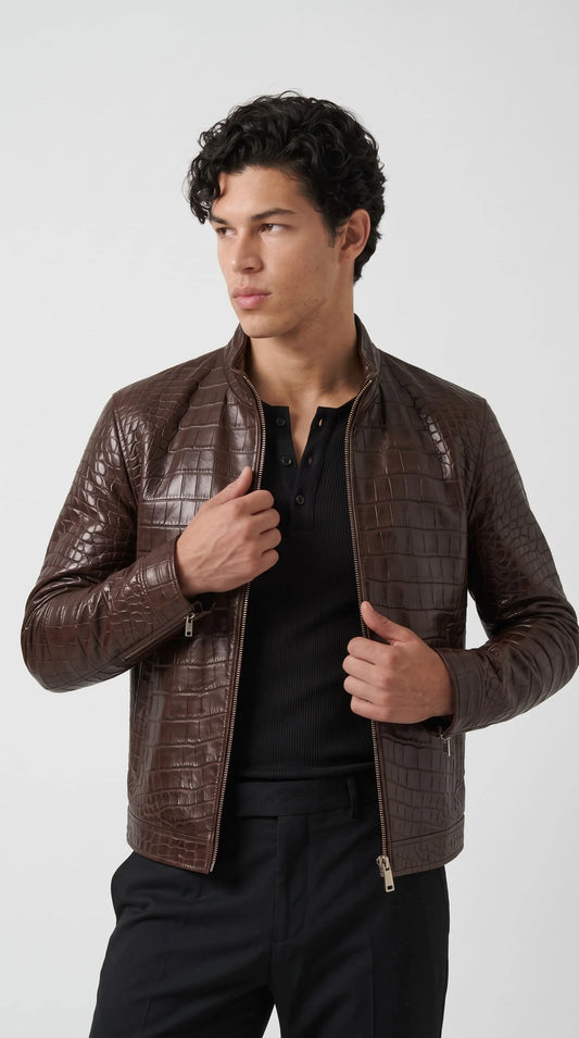 Men's brown crocodile embossed leather jackero jacket with stand collar and zip front, styled over black henley and trousers