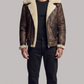 Front view of a dark brown distressed aviator jacket featuring a plush cream shearling collar.
