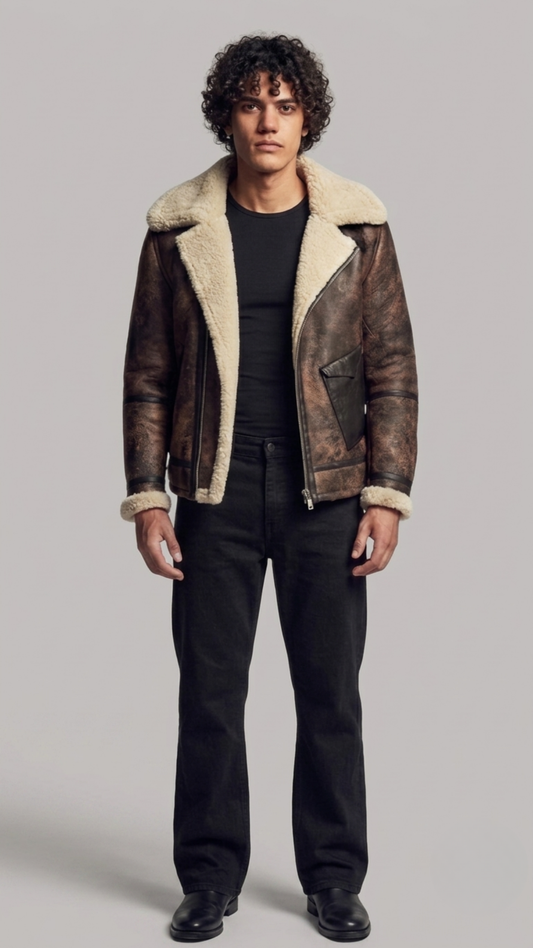 Front view of a dark brown distressed aviator jacket featuring a plush cream shearling collar.