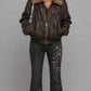 Front full view of a dark brown distressed leather oversized jacket featuring a cozy fur-trimmed collar and sturdy front zipper.