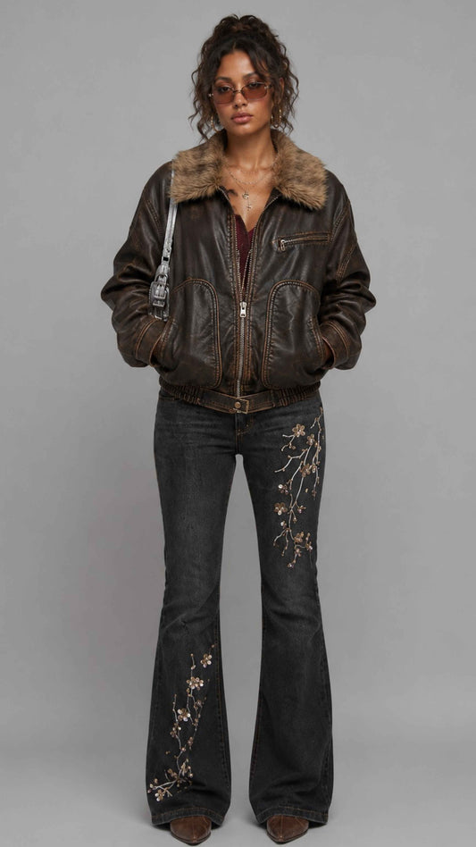 Front full view of a dark brown distressed leather oversized jacket featuring a cozy fur-trimmed collar and sturdy front zipper.