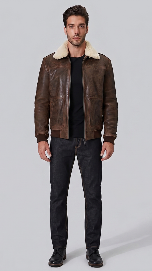 a dark brown distressed leather bomber jacket with a thick cream shearling collar.