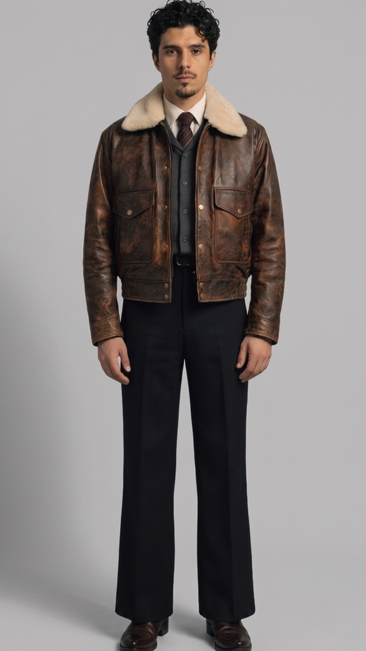 rugged dark brown distressed leather flight jacket with a thick cream shearling collar, standing against a clean grey studio backdrop.