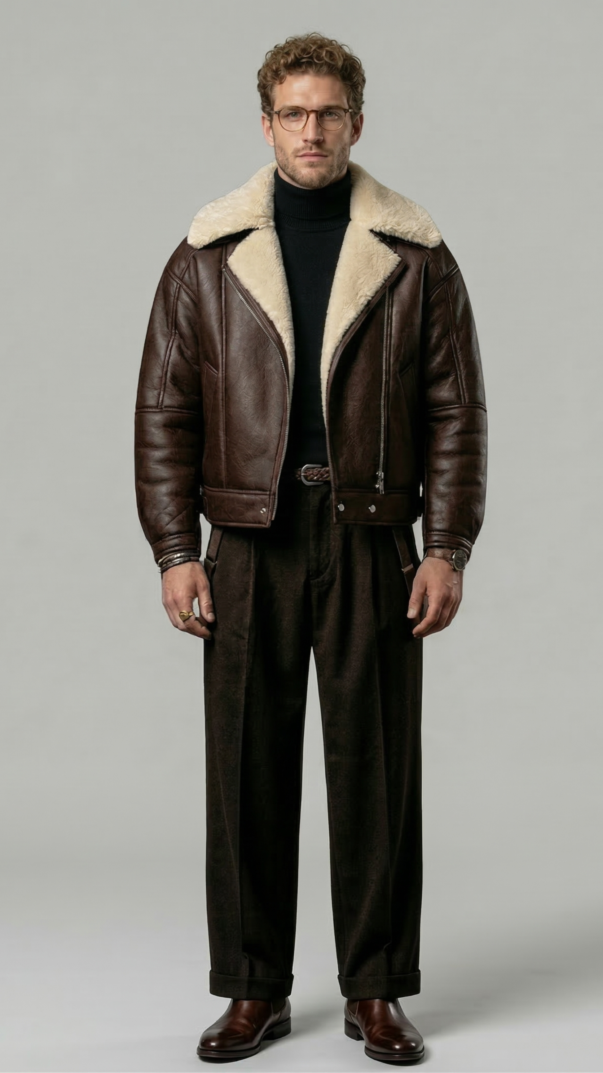 a model wearing a premium dark brown leather aviator jacket with a thick cream shearling collar, standing against a clean grey studio backdrop.