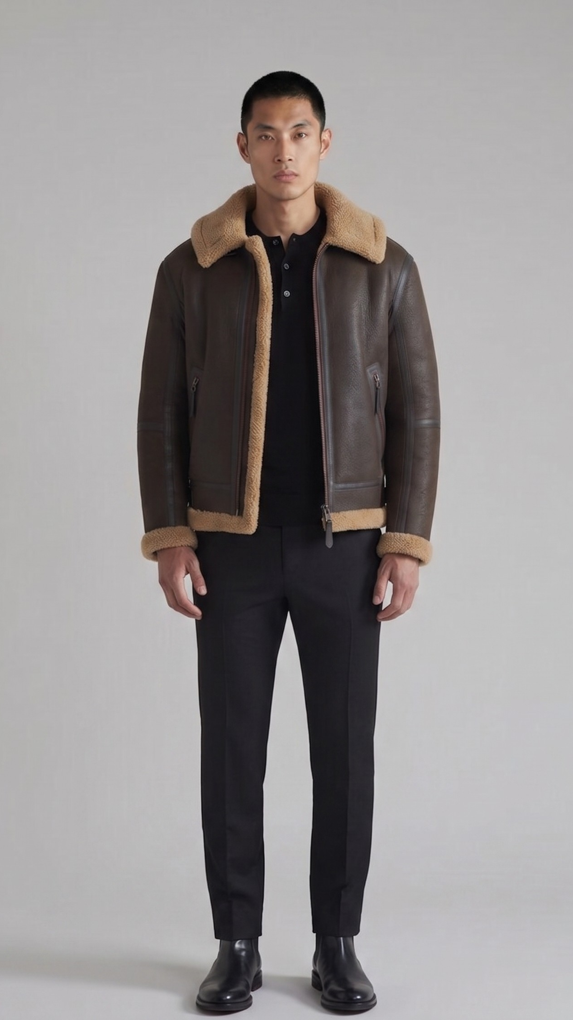 a dark brown leather aviator jacket featuring a rich tan shearling collar.