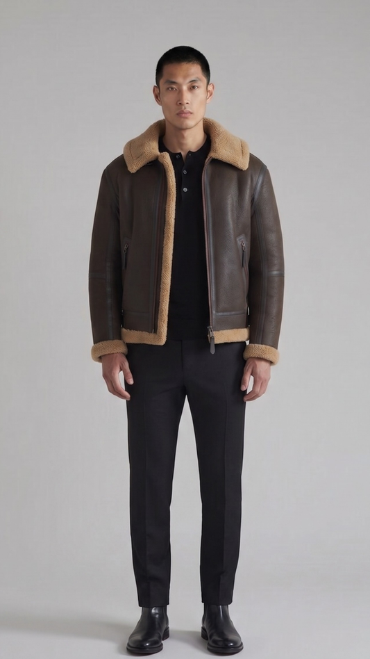 a dark brown leather aviator jacket featuring a rich tan shearling collar.