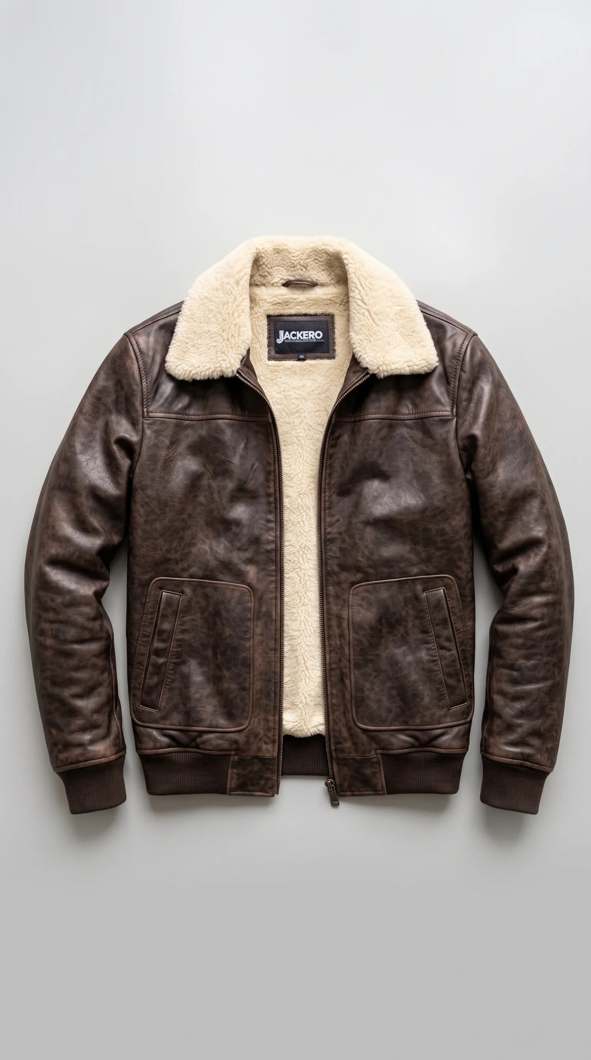 Dark espresso-brown genuine leather flight bomber opened to reveal its smooth satin interior lining and JACKERO neck label, complemented by a cream faux-shearling collar, industrial metal zipper and dark ribbed trims for refined cold-weather layering.